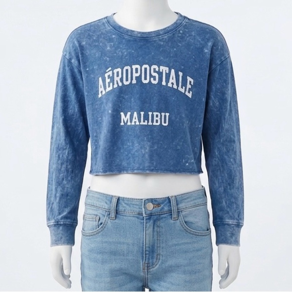 Aeropostale Girls Cropped Malibu Long Sleeve Tee Blue Acid Wash 14/16